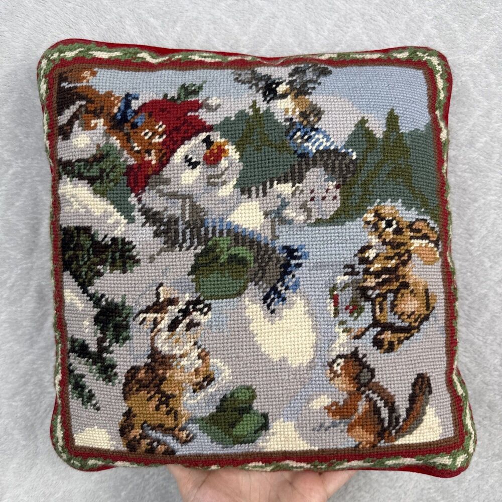 Vtg Snowman Wool Needlepoint Throw Pillow 13" Woodland Animal Christmas Holiday